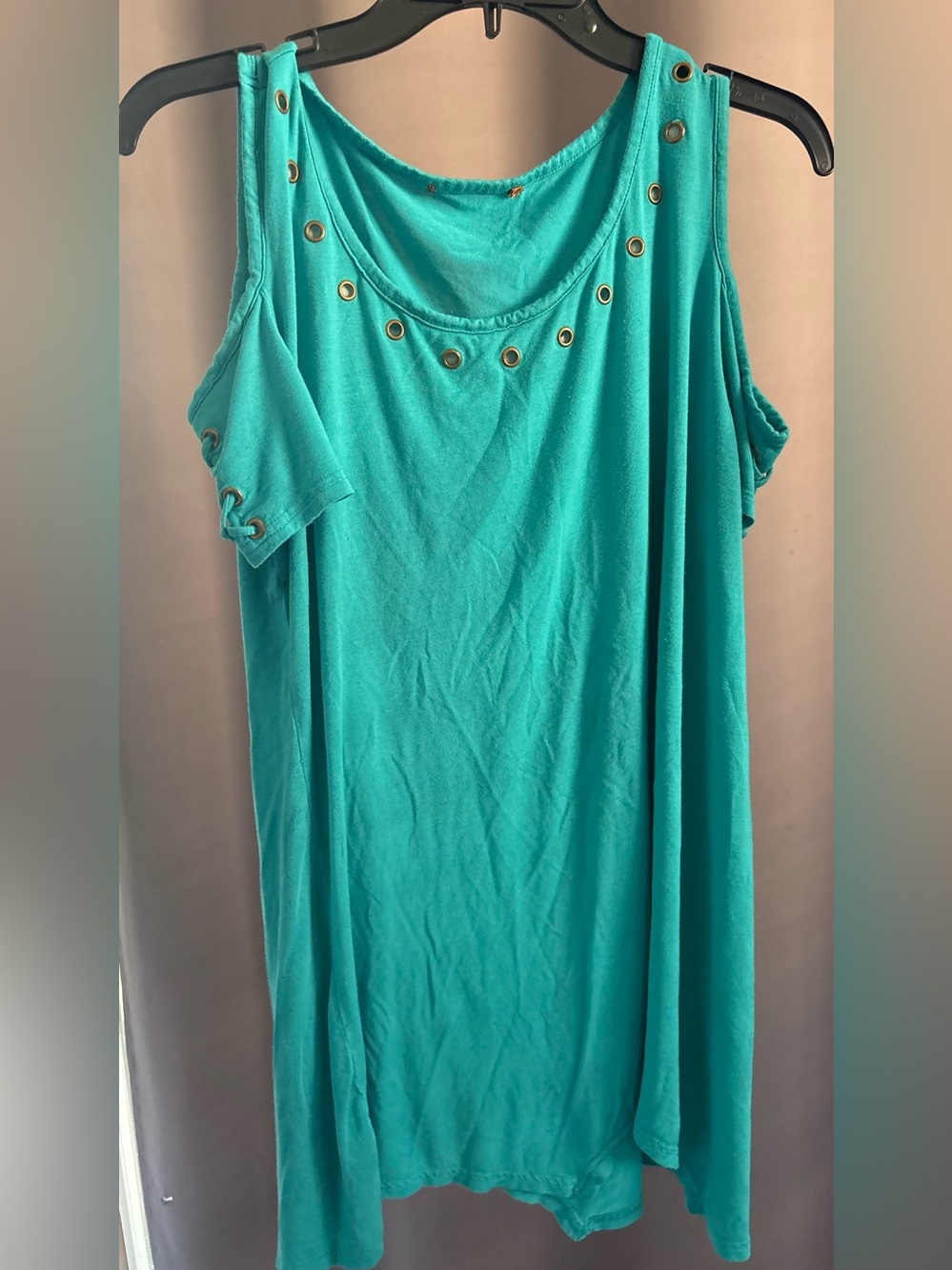 Grommet Lace Up Cold Shoulder Swing Tunic Top Teal Turquoise Viscose Knit XL